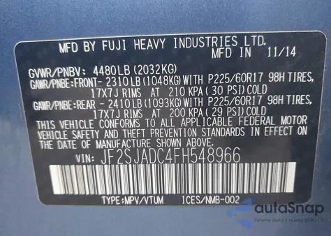 2015 Subaru Forester 2.5I Premium из США, поврежденный, VIN JF2SJADC4FH548966